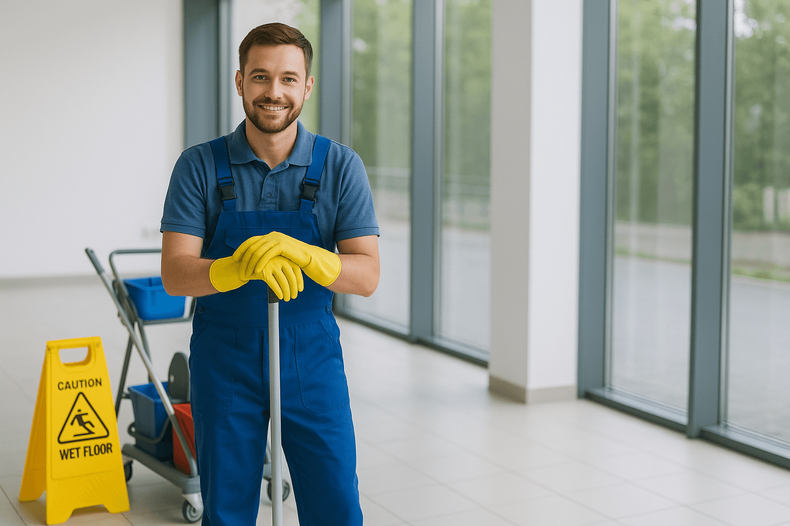 Professional cleaner with cleaning equipment